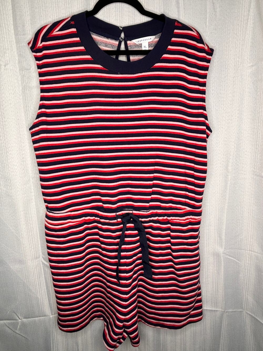 Popsugar Romper Womens XL Shorts Striped Red White & Blue Drawstring Sleeveless